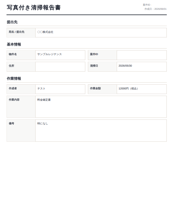 写真付き清掃報告書PDF前半のプレビュー